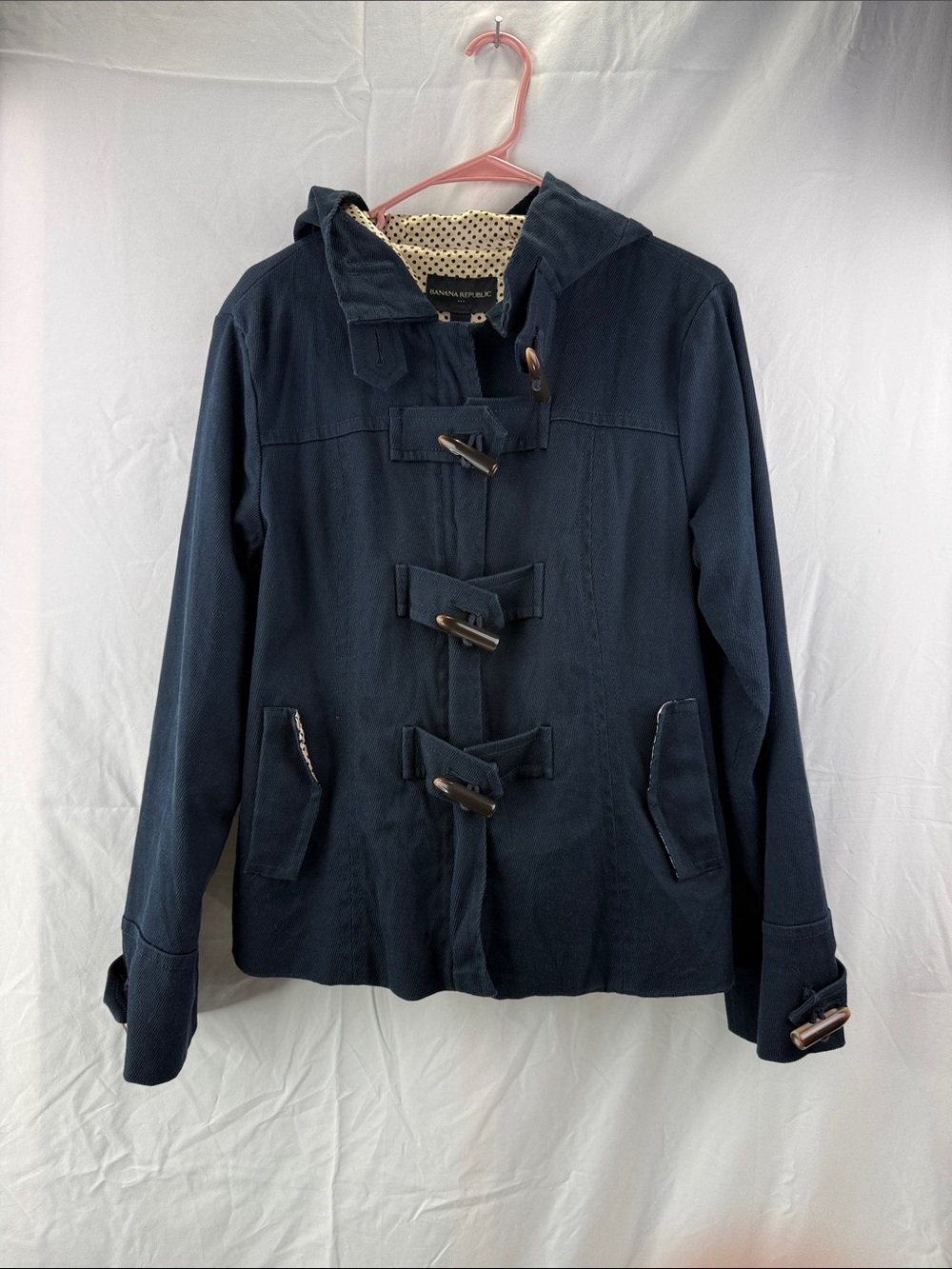 Banana Republic Women’s Size Large Navy Hooded Polka Dot Lined Toggle Pea Coat